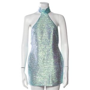 The Dolls House Iridescent Aqua Sequin Halter Mini Dress